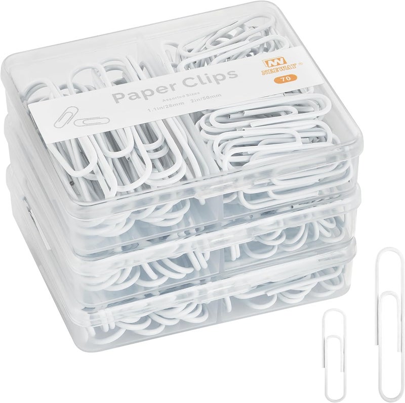 NEEWAY Colorful Paper Clips Assorted Sizes, Small and Large Paperclips, 210 Count, 3 Pack of 70 (White) - Image 1